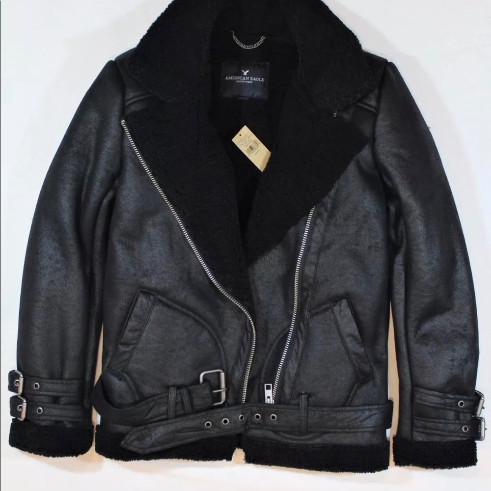 American Eagle Black Sherpa Moto Jacket XL